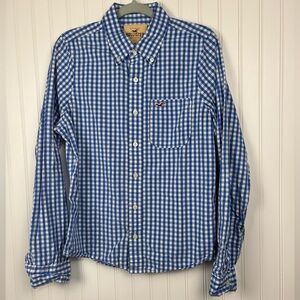 Hollister Royal Blue White Checkered Plaid Long Sleeve Button Up Cotton Mens Med